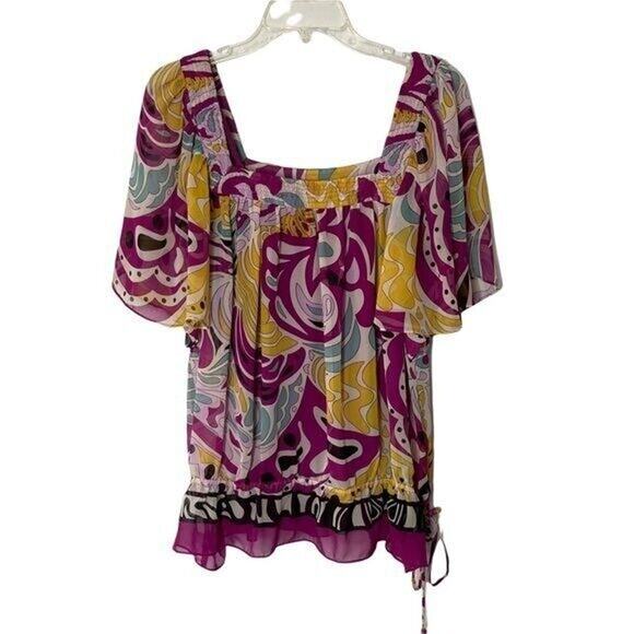 Nicole Miller Wms L Retro Colorful Print Blouse Flounce Hem W/ Cami Boho Peasant - Picture 1 of 10